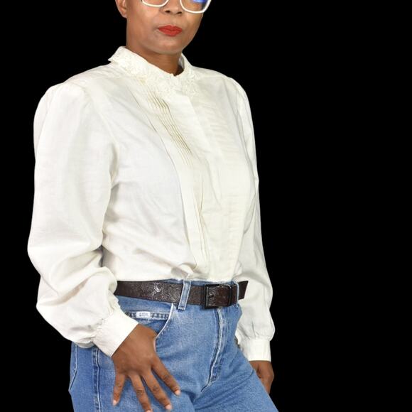 Vintage Peter Pan Collar Shirt White Shoulder Pads Gigot Embroidery Lace Large - Picture 6 of 16